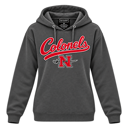 Women's Nicholls Colonels full-length hoodie in charcoal — straight-sleeve front view