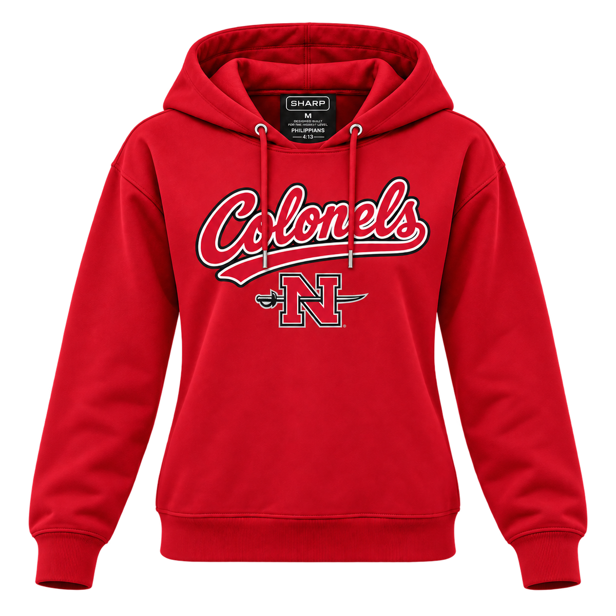Women's Nicholls Colonels full-length hoodie in red — straight-sleeve front view