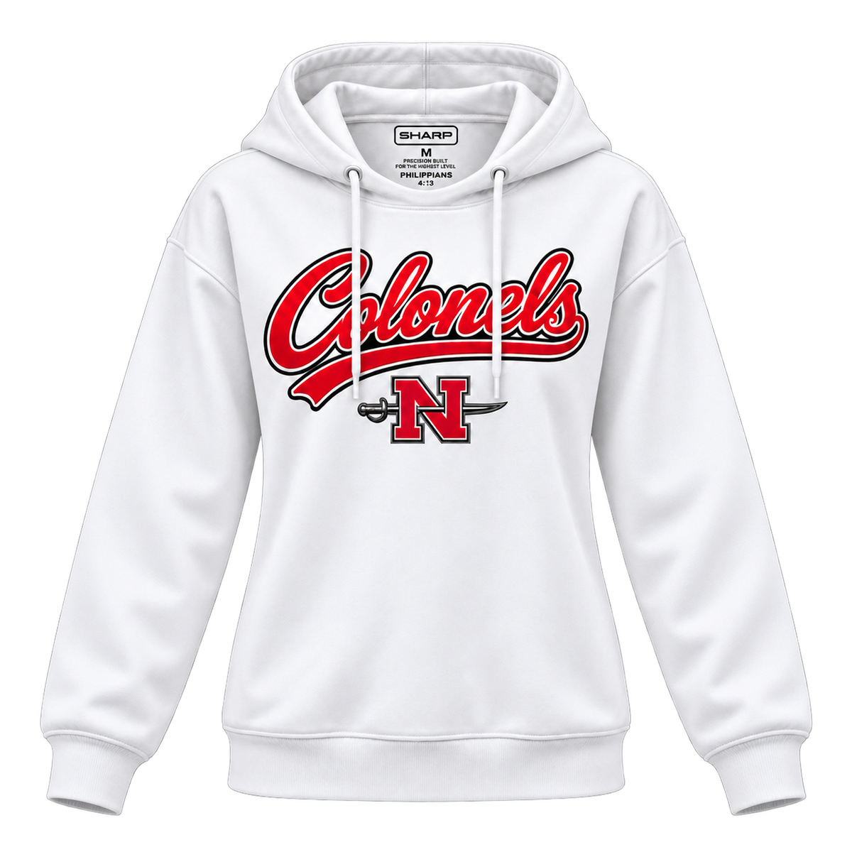 Women's Nicholls Colonels full-length hoodie in white — straight-sleeve front view