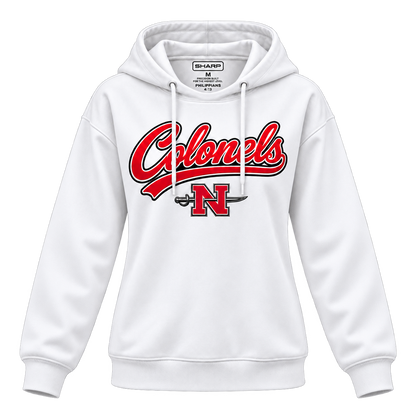 Women's Nicholls Colonels full-length hoodie in white — straight-sleeve front view