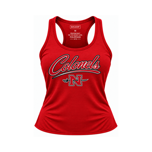 Nicholls women's Colonels performance tank in red — consistent square product framing