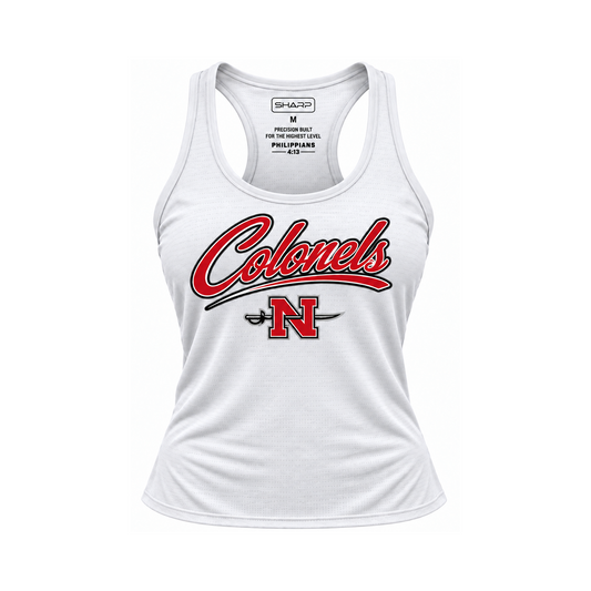 Nicholls women's Colonels performance tank in white — consistent square product framing