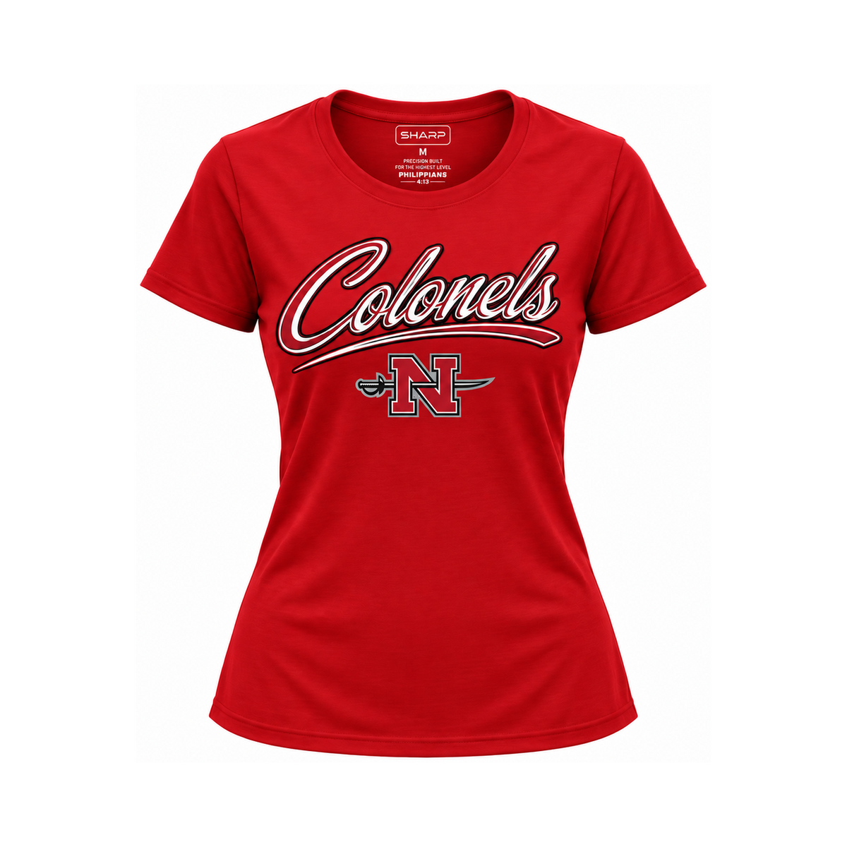 Nicholls women's Colonels performance tee in red — consistent square product framing
