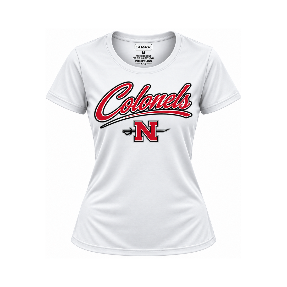 Nicholls women's Colonels performance tee in white — consistent square product framing