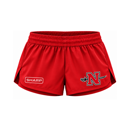 Nicholls women's performance shorts in red — consistent square product framing