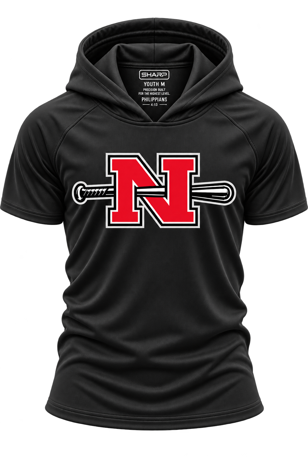 Youth Nicholls N and bat short-sleeve hooded performance shirt in black