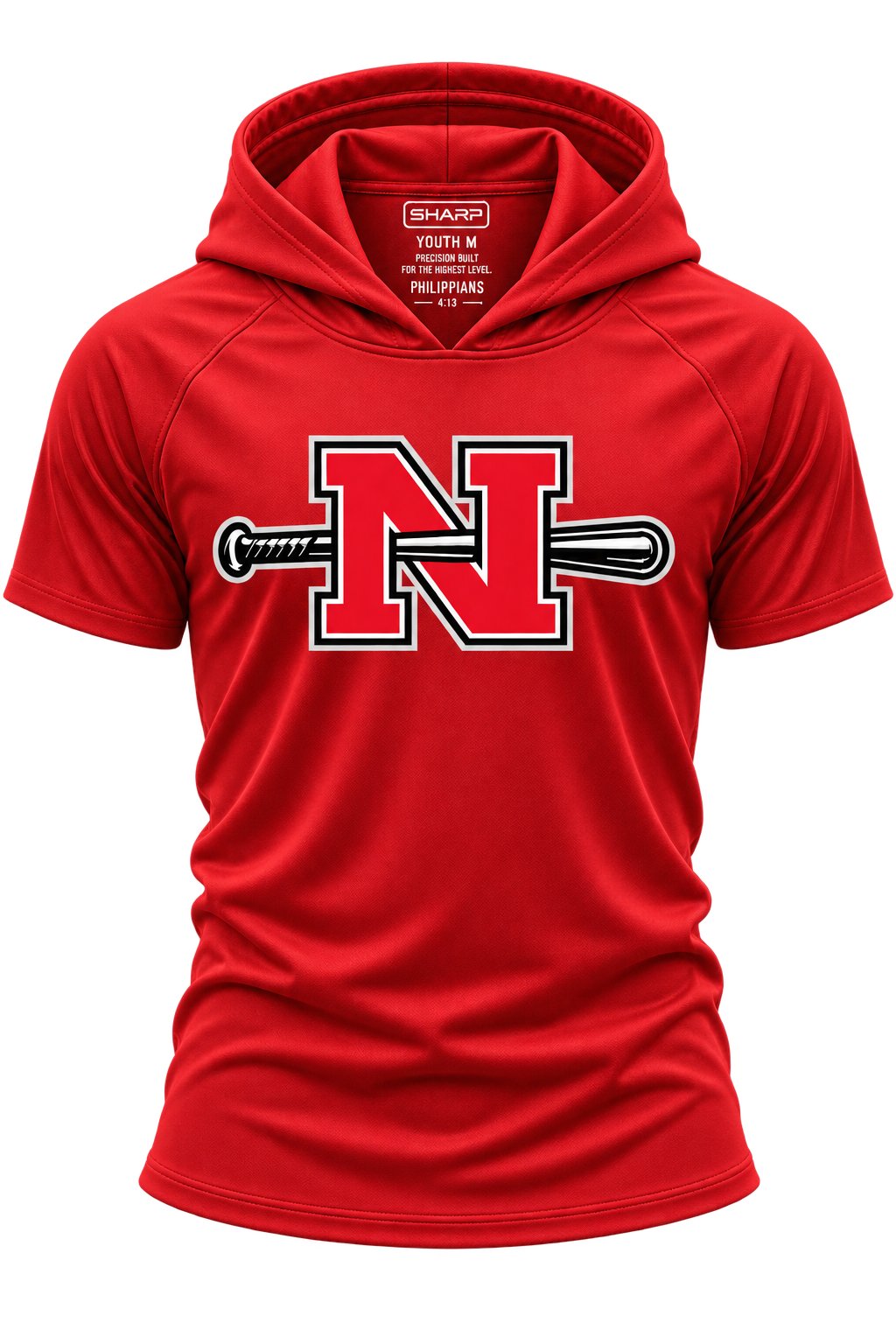 Youth Nicholls N and bat short-sleeve hooded performance shirt in red