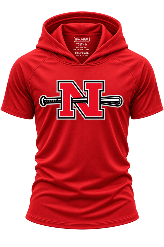 Youth Nicholls N and bat short-sleeve hooded performance shirt in red