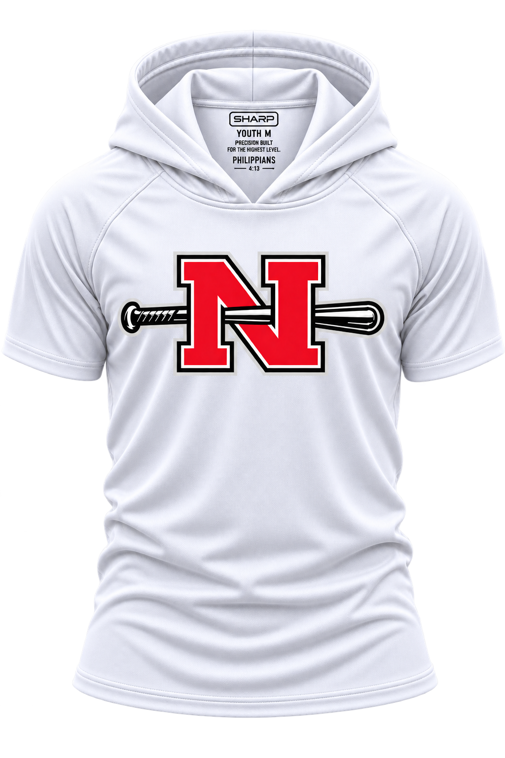 Youth Nicholls N and bat short-sleeve hooded performance shirt in white