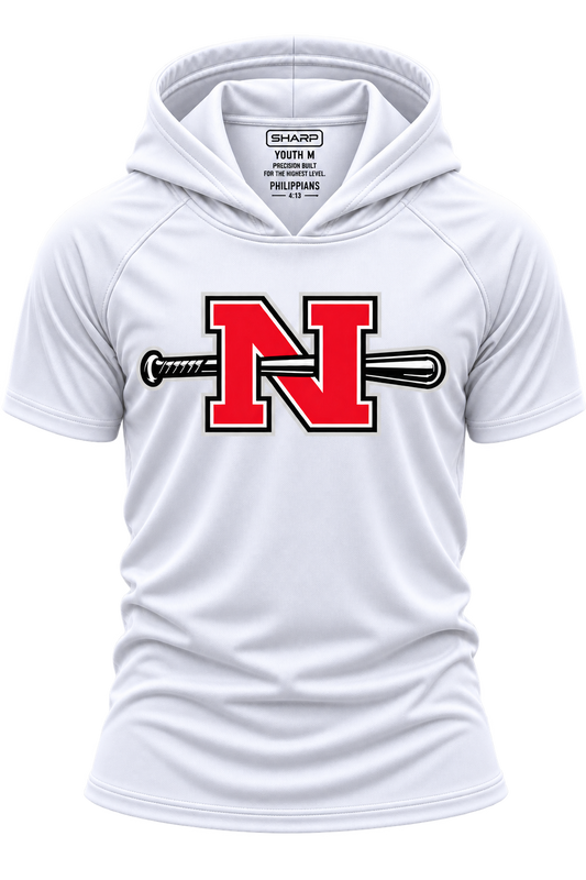 Youth Nicholls N and bat short-sleeve hooded performance shirt in white