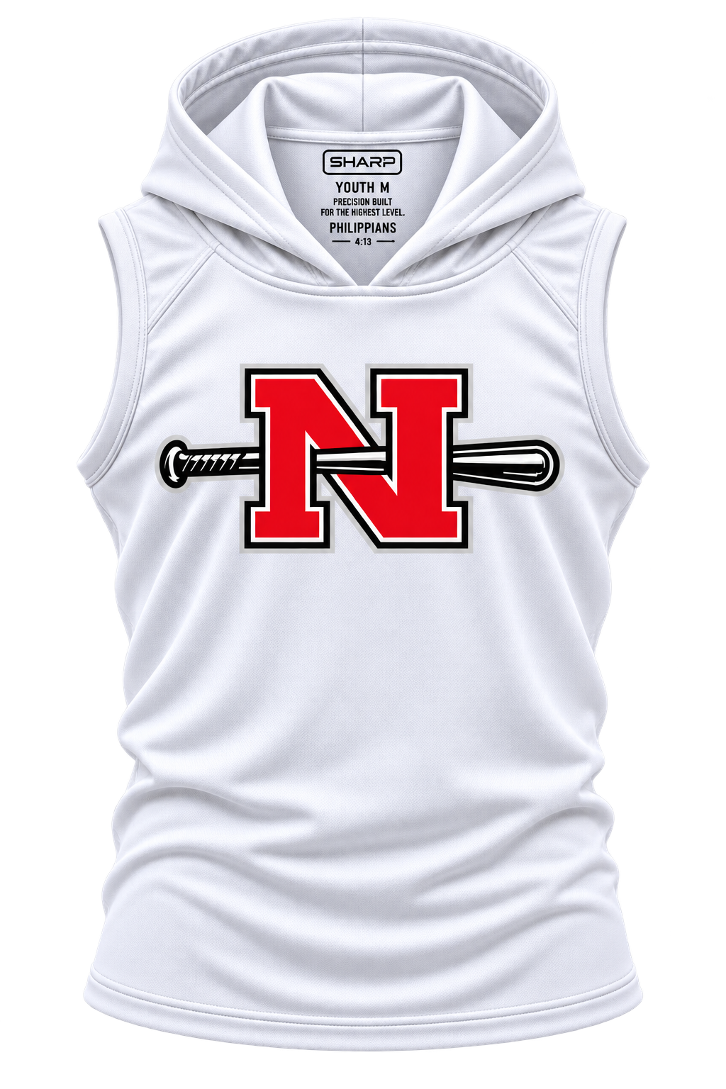 Youth Nicholls N and bat sleeveless hooded performance shirt in white