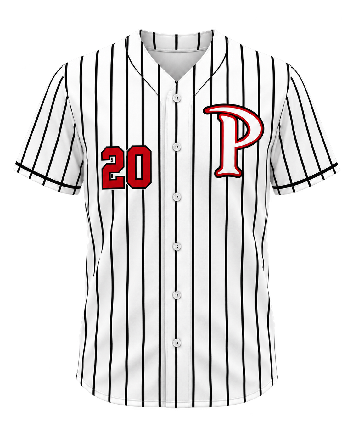 Patterson customizable fan jersey in white pinstripes front view