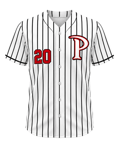 Patterson customizable fan jersey in white pinstripes front view