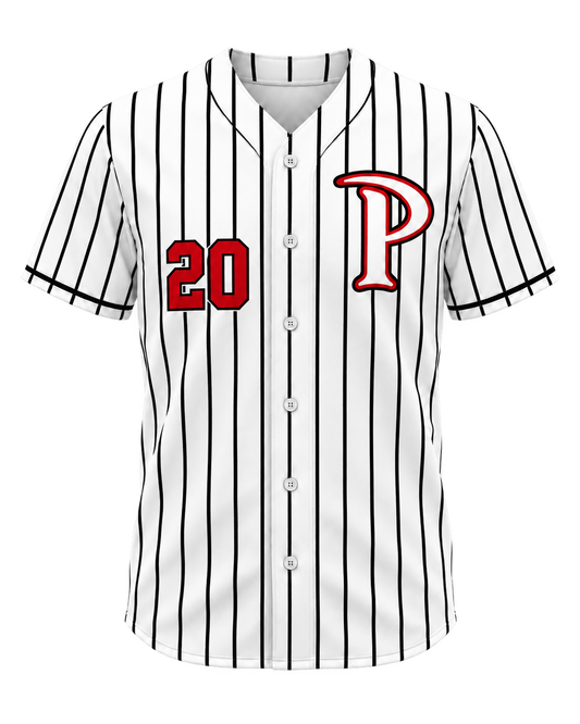 Patterson customizable fan jersey in white pinstripes front view