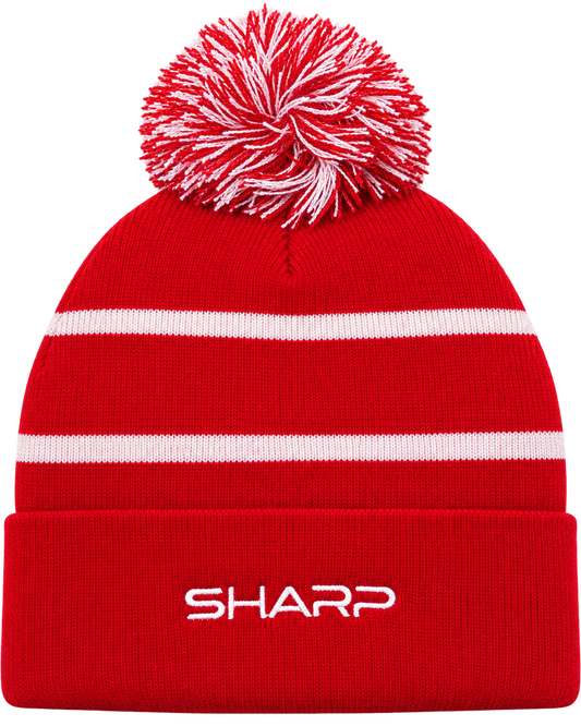 Westside Braves red and white pom beanie back