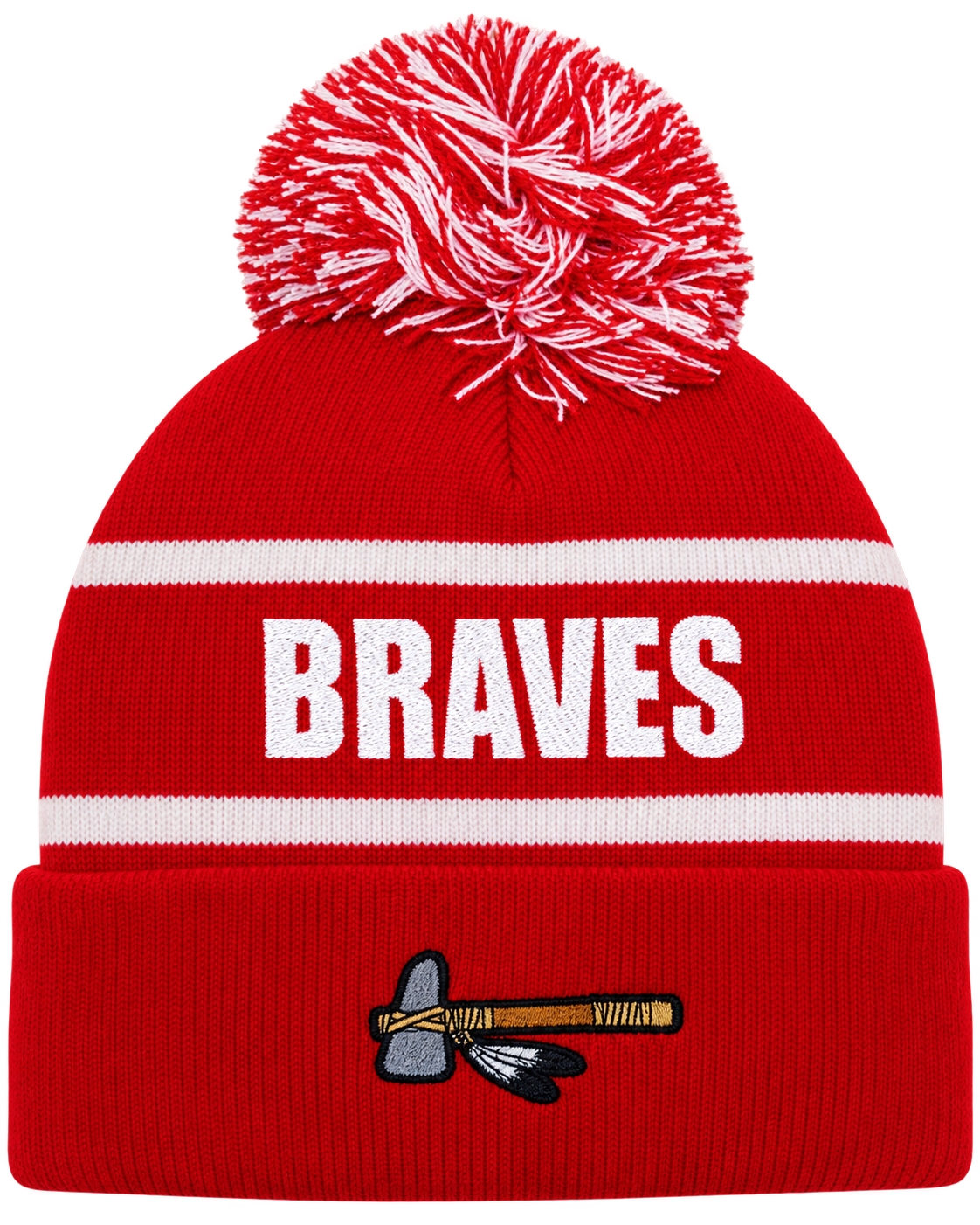 Westside Braves red and white pom beanie front