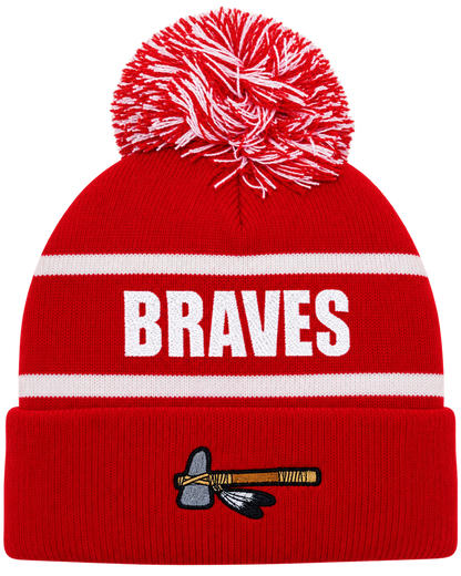 Westside Braves red and white pom beanie front
