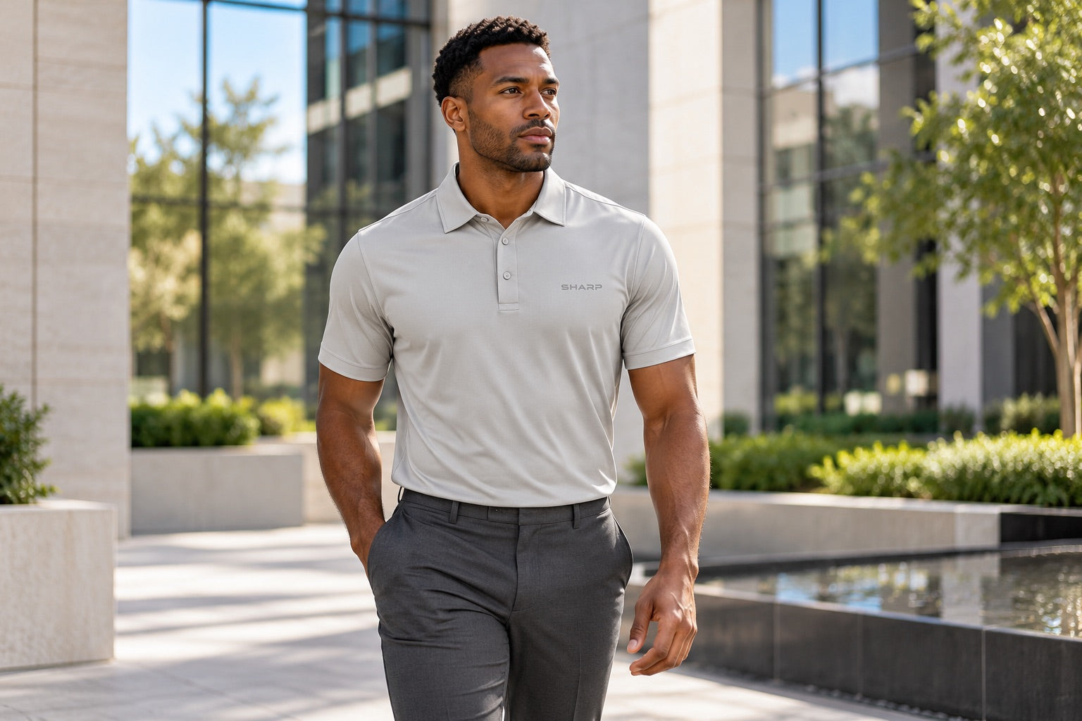 Gray Sharp polo styled for work and everyday wear